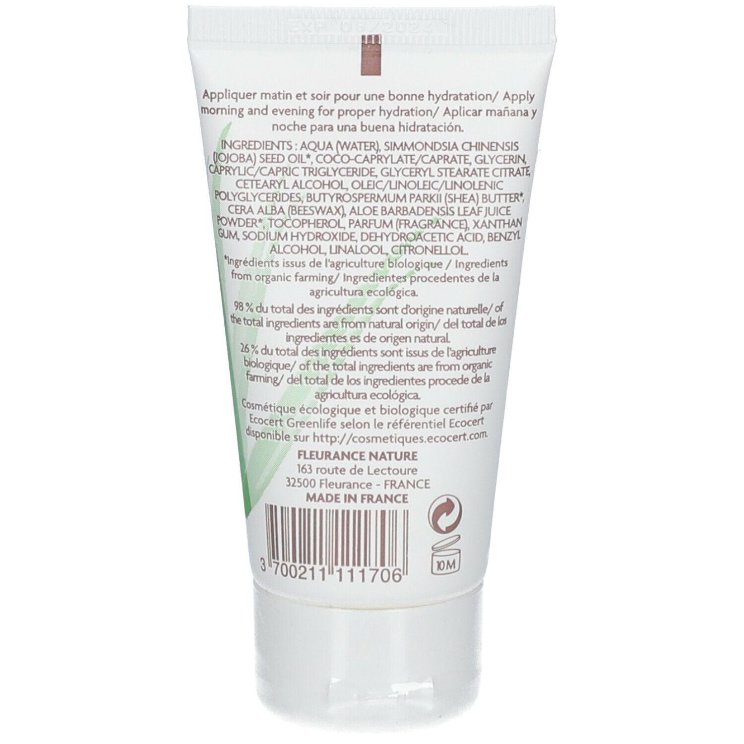 Dos du tube de crème. Texte avec ingrédients, mode d'emploi et informations fabricant. Certification bio.