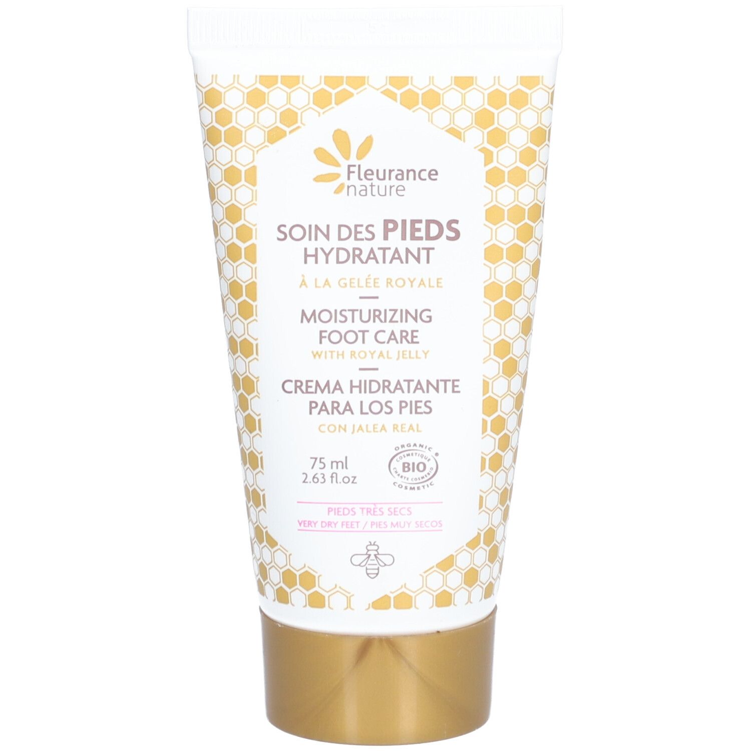 Crèmetube met productnaam en logo. Opschrift: Soin des Pieds Hydratant à la Gelée Royale Bio. Bio-label.