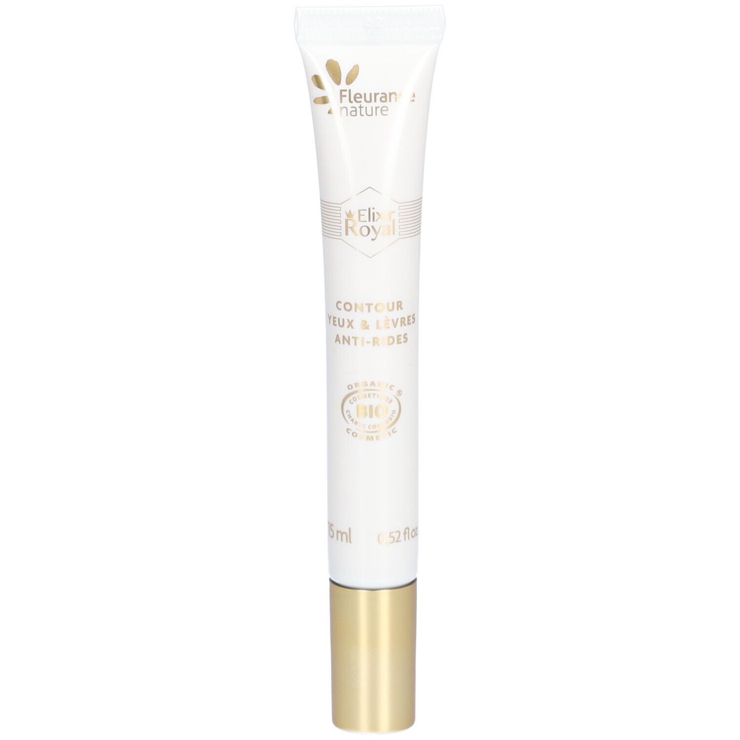Tube blanc avec bouchon doré. Inscription: Fleurance Nature, Elixir Royal, Contour Yeux & Lèvres Anti-Rides. Label Bio.