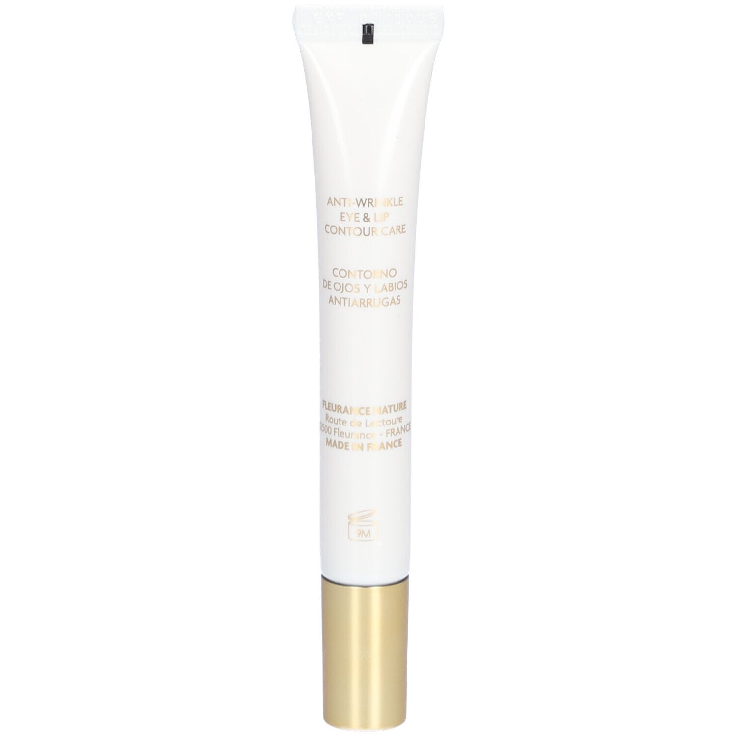 Tube blanc avec bouchon doré. Inscription: Anti-Wrinkle Eye & Lip Contour Care. Texte et logo au dos.