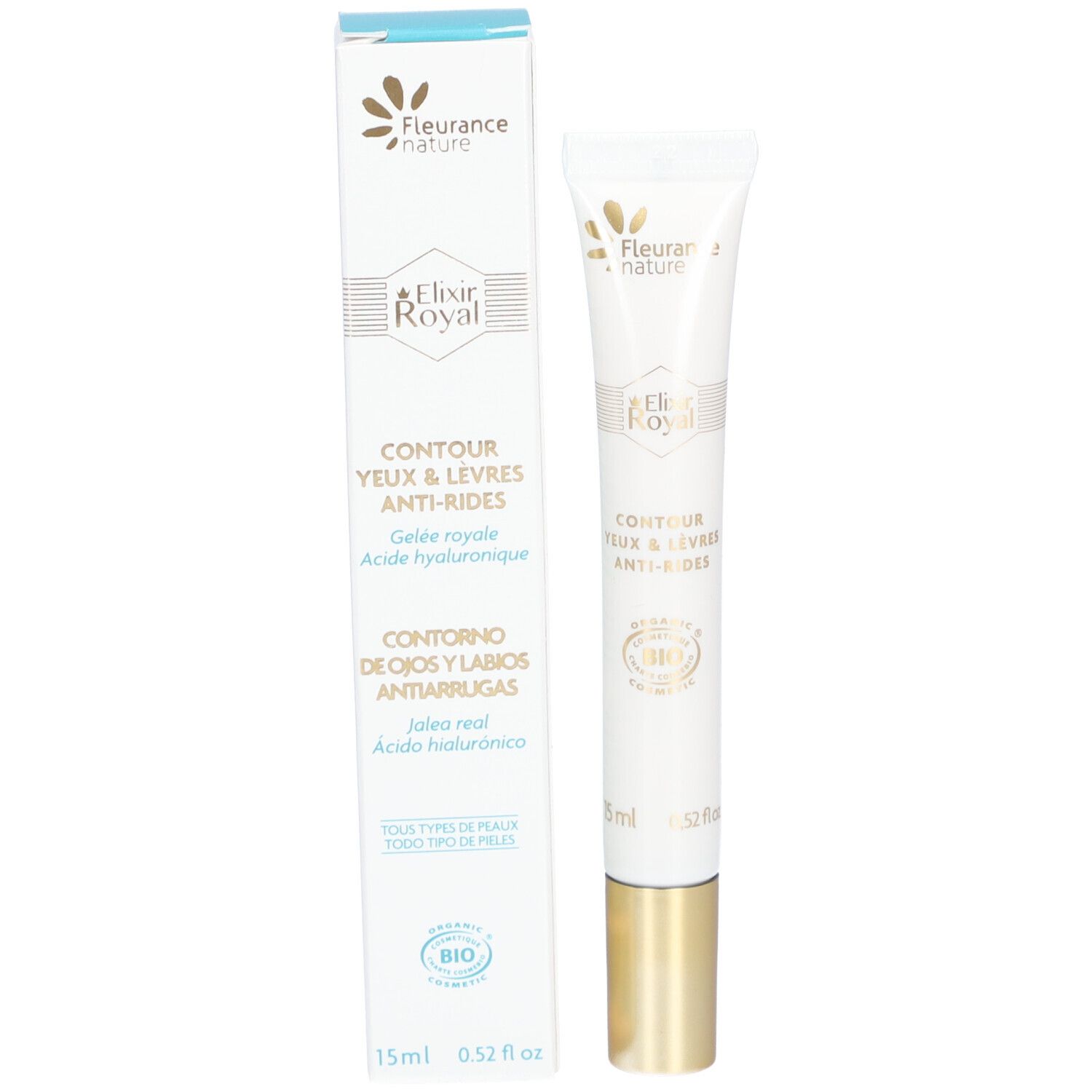 Emballage et tube. Emballage: blanc avec inscription Fleurance Nature, Elixir Royal, Contour Yeux & Lèvres Anti-Rides. Label Bio.