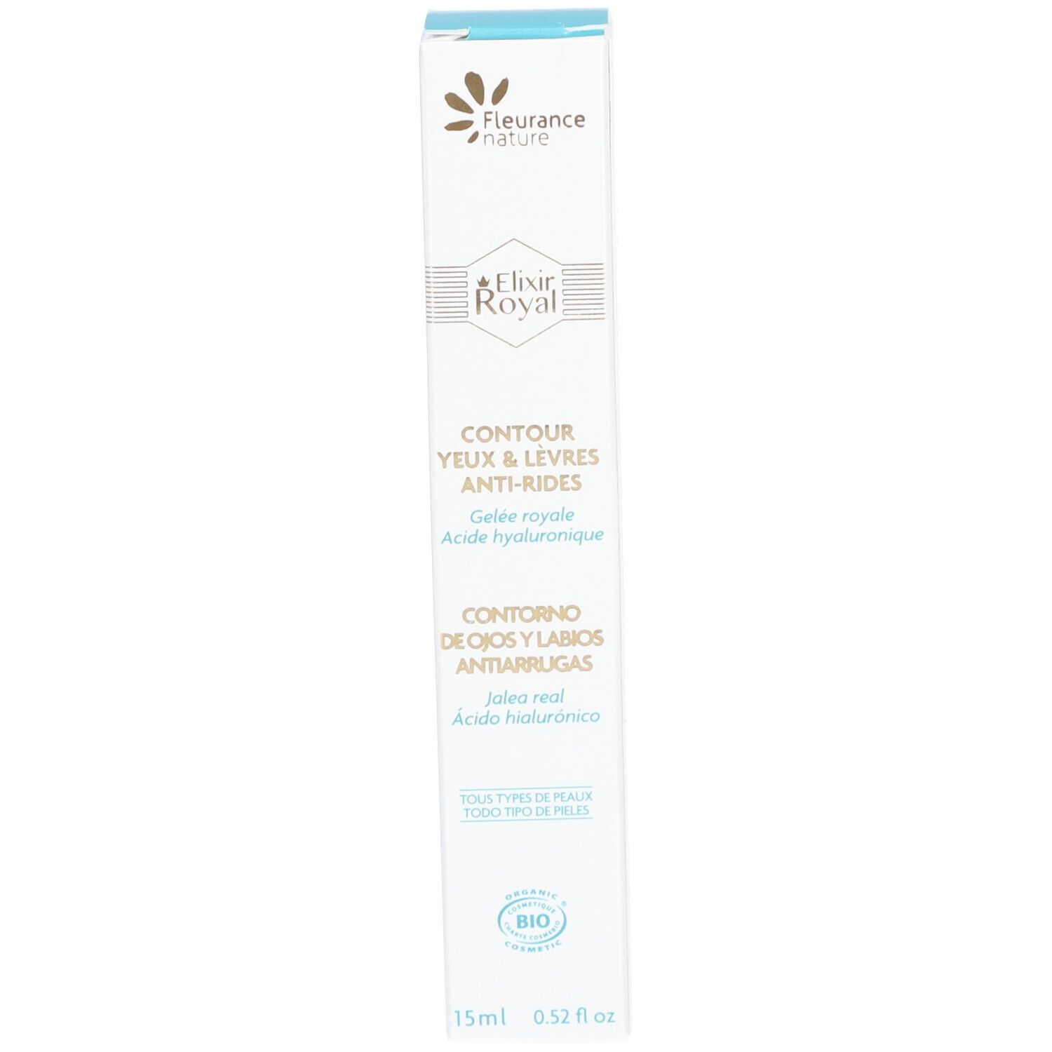 Emballage blanc avec extrémité bleue. Inscription: Fleurance Nature, Elixir Royal, Contour Yeux & Lèvres Anti-Rides. Label Bio.