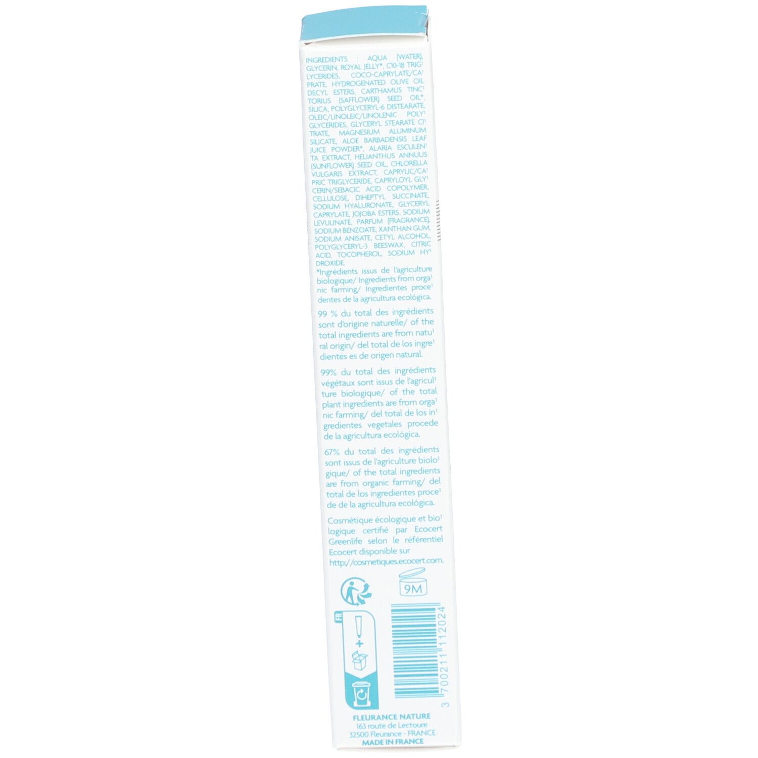 Dos de l'emballage. Texte sur les ingrédients, l'origine et les certifications. Label Bio et consignes de recyclage.