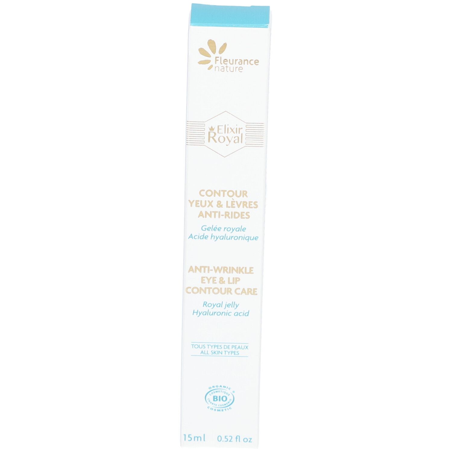 Emballage du produit. Inscription: Fleurance Nature, Elixir Royal, Contour Yeux & Lèvres Anti-Rides. Anti-Wrinkle Eye & Lip Contour Care.