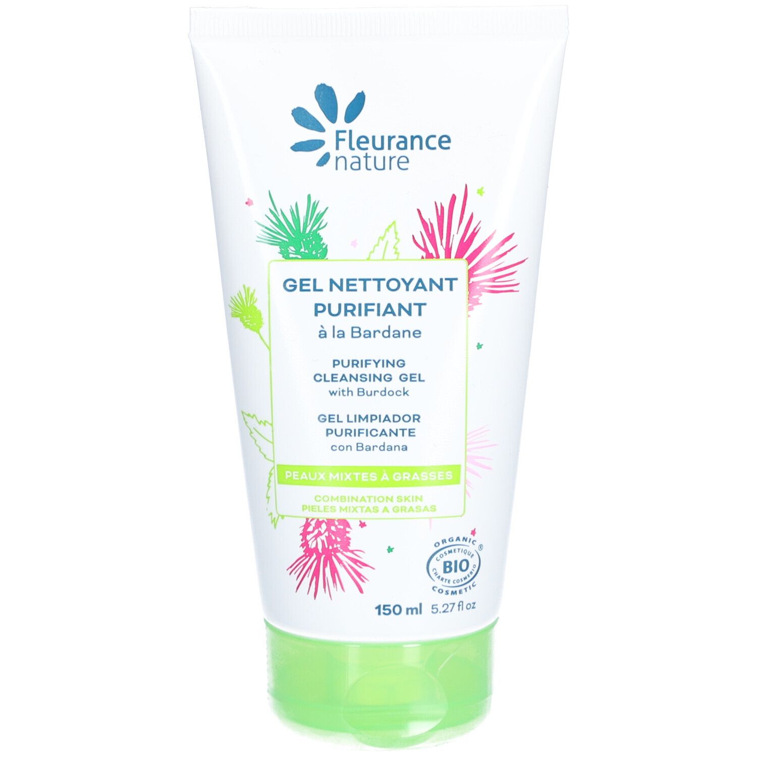 Witte en groene tube met productnaam en bloemenillustratie. Tekst: Gel Nettoyant Purifiant à la Bardane Bio. Bio-certificering.