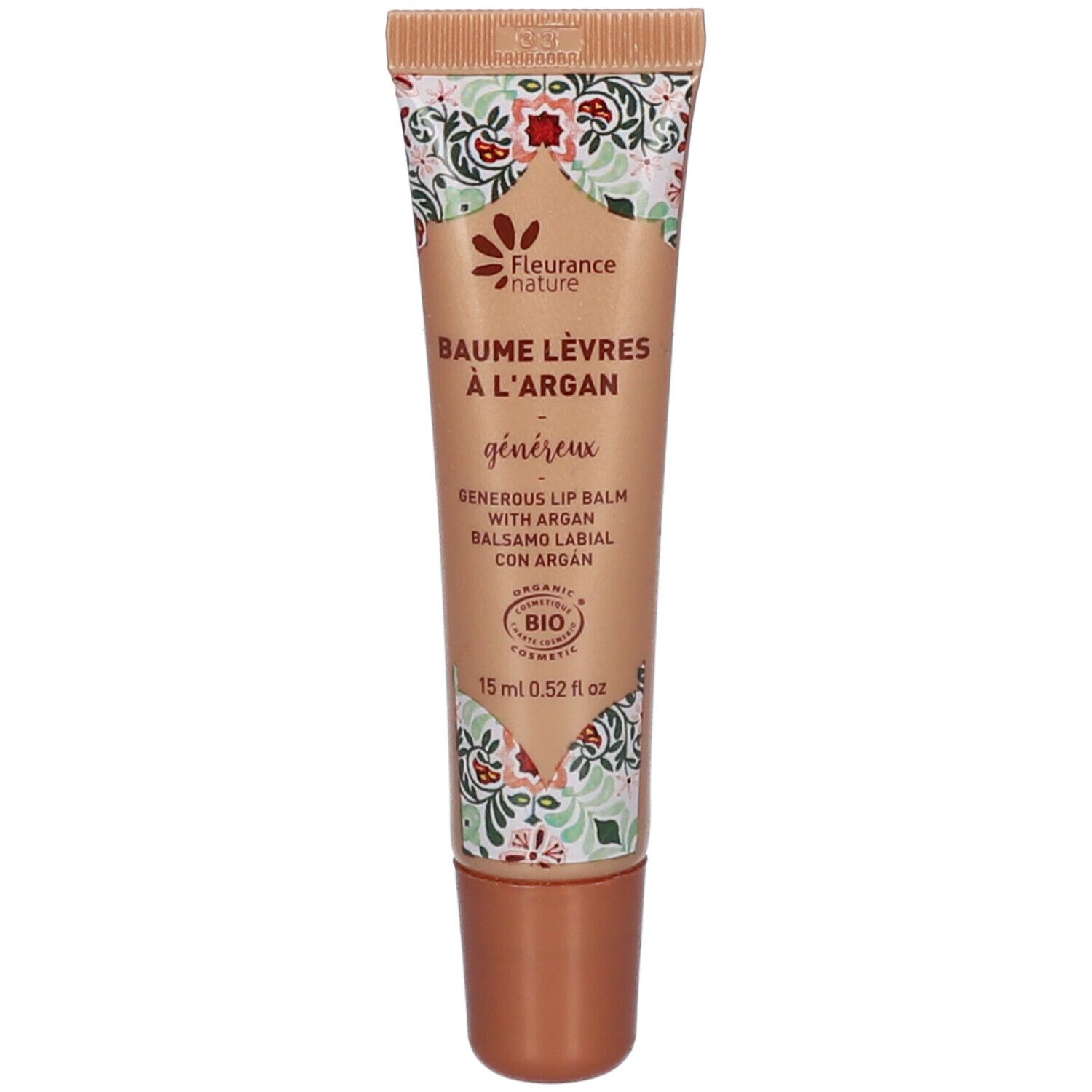 Lipbalsem tube met bloemmotief. Opschrift: Baume Lèvres à l'Argan, bio-certificering, 15 ml.