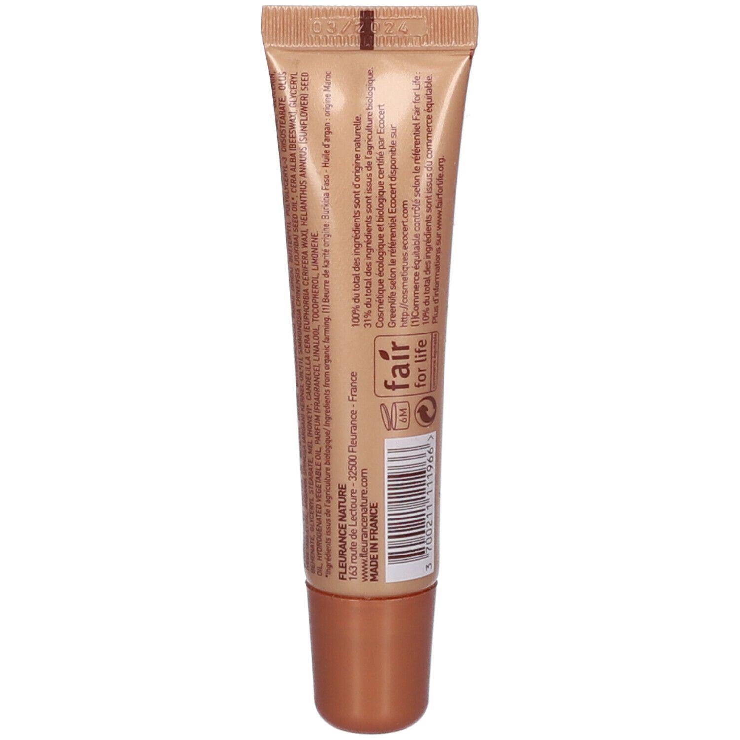 Achterkant van de lipbalsem tube. Ingrediënten, Fair for Life-label, barcode, herkomst: Frankrijk.