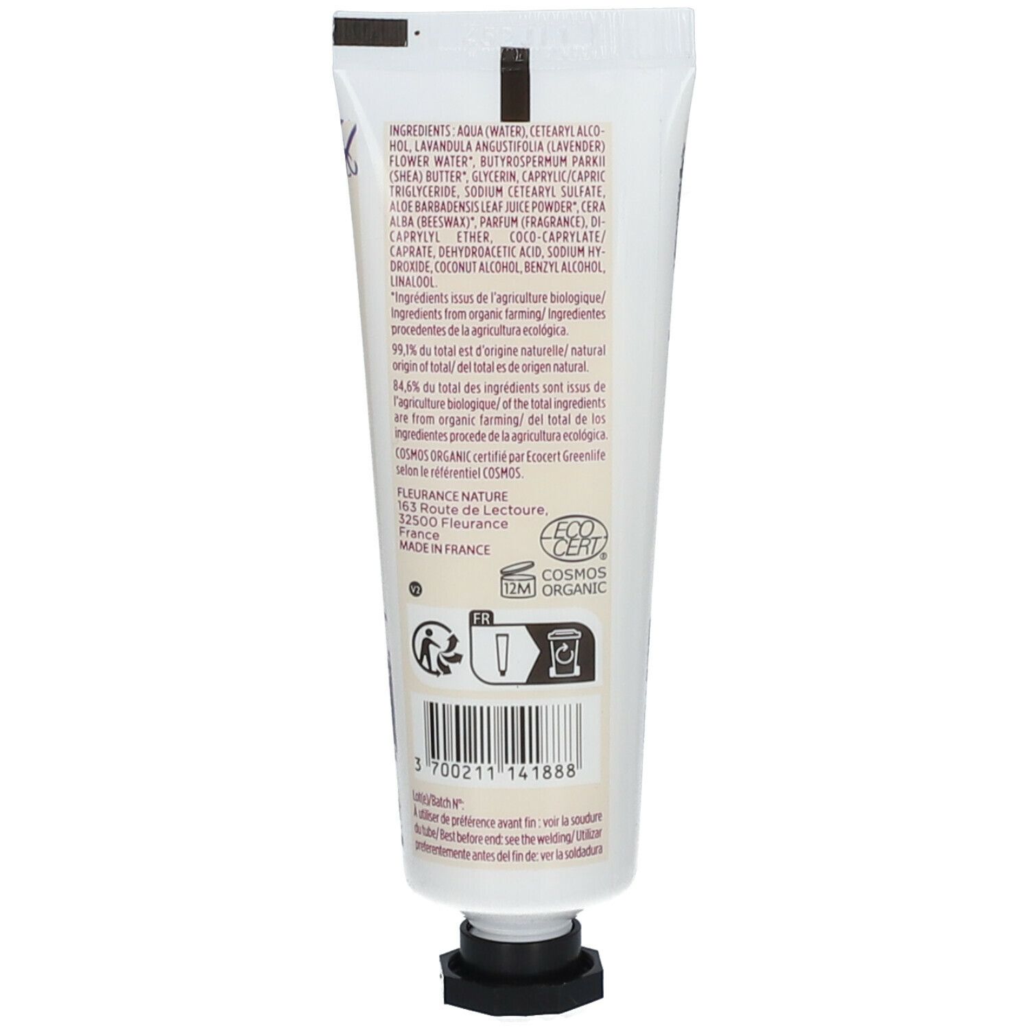 Achterkant van de crèmetube met ingrediënten, bio-certificering en barcode.