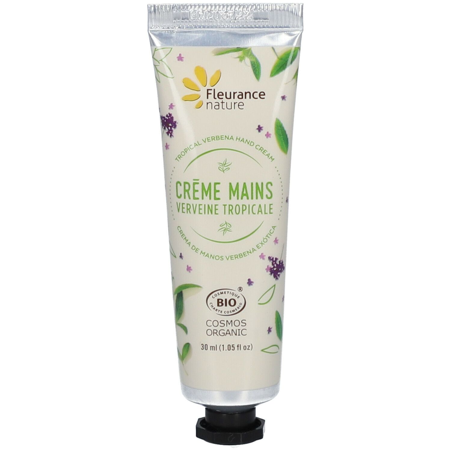 Crèmetube met bloemenmotief en tekst "Crème Mains Verveine Tropicale". Bio-certificering.