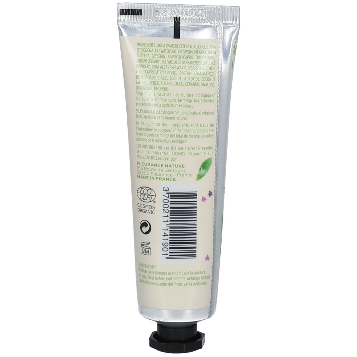 Achterkant van de crèmetube met ingrediënten, barcode en Bio-certificering.