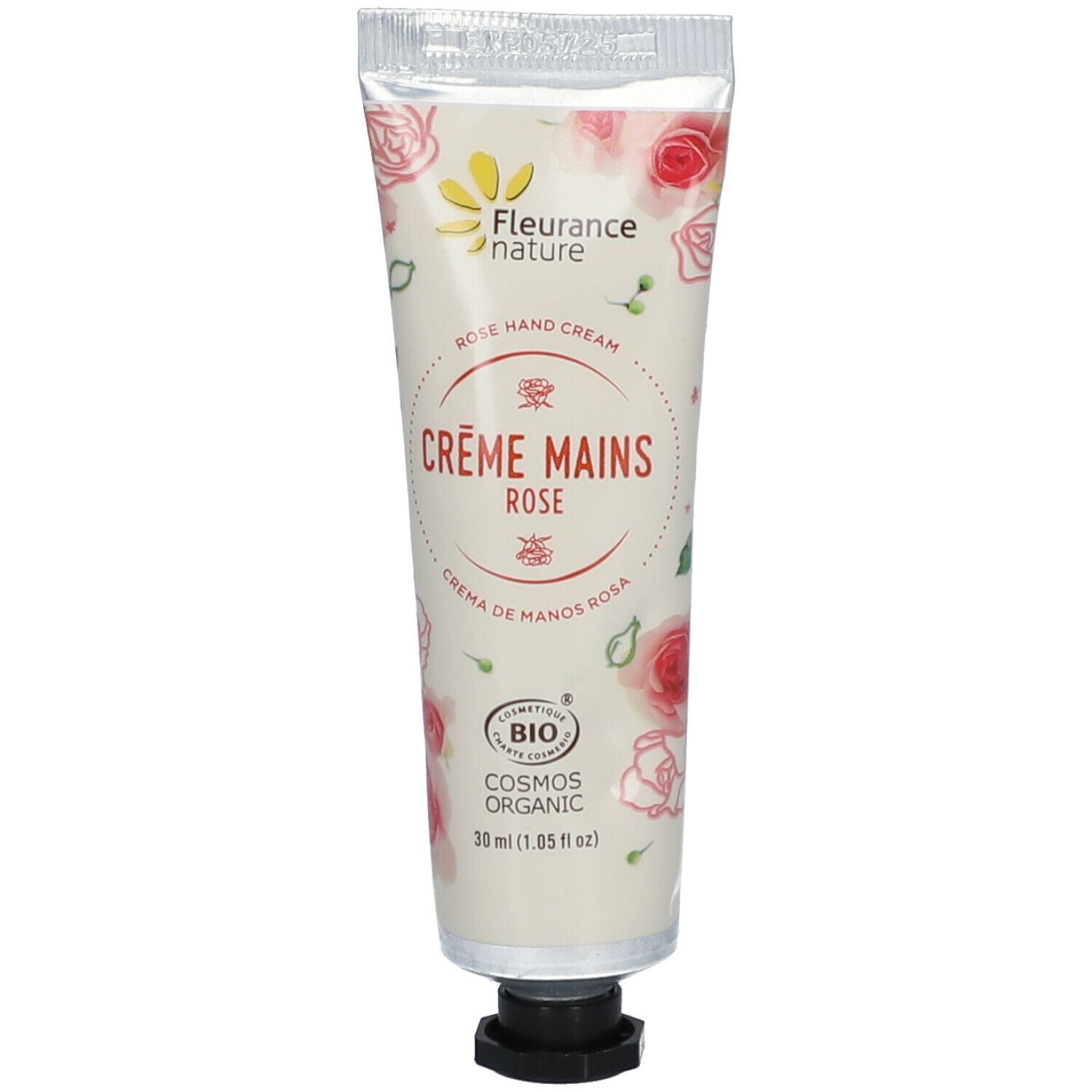 Tube Crème Mains Rose Bio. Fleurance Nature logo en tekst. Bio-certificering. Rozenpatroon.