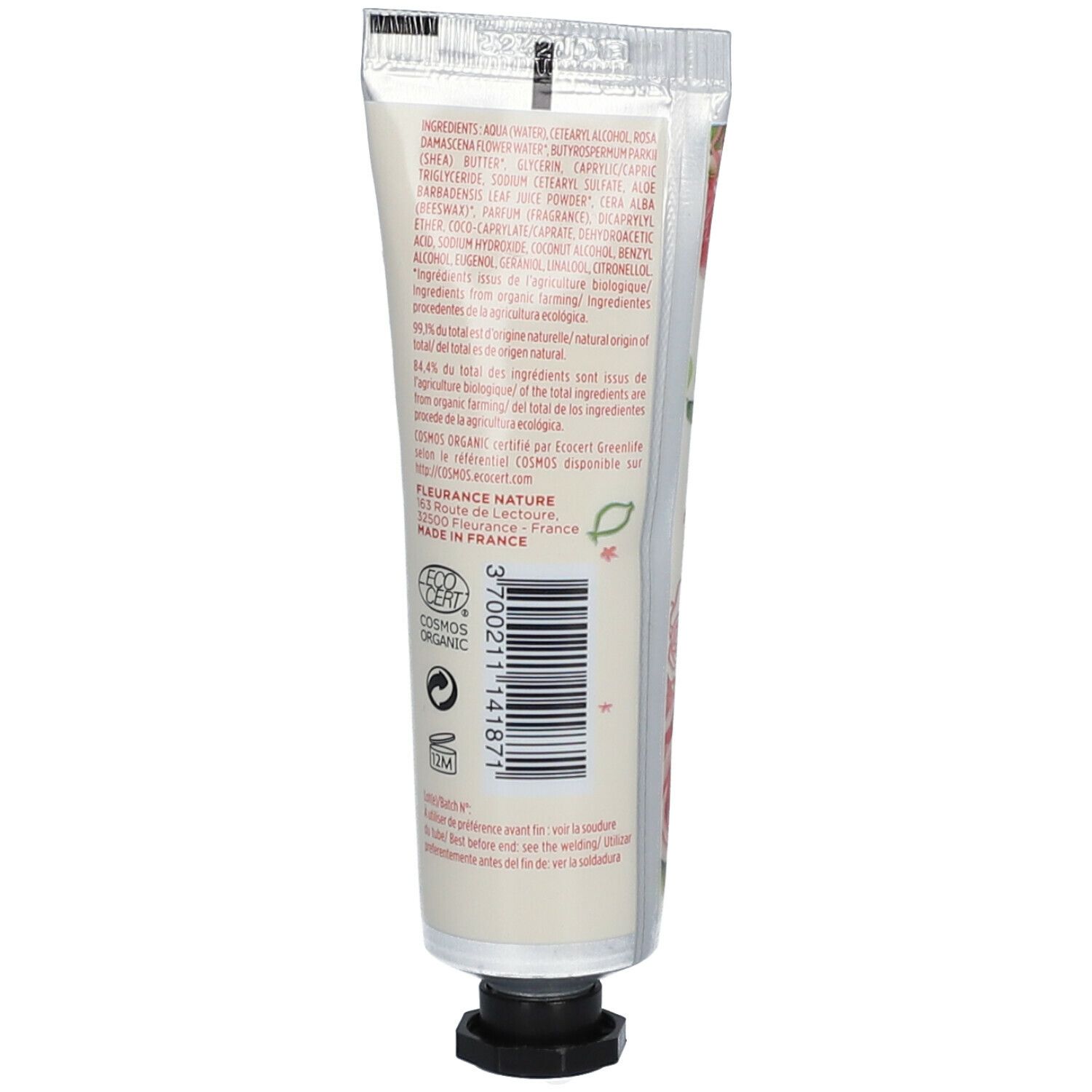 Achterkant tube Crème Mains Rose Bio. Ingrediëntenlijst, bio-certificering, barcode en fabrikantinfo.