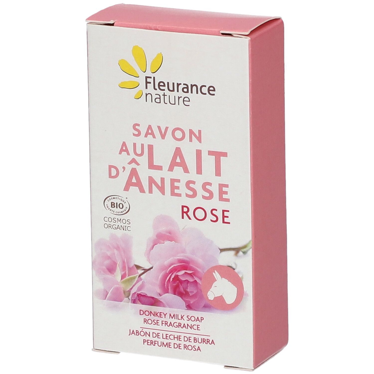 Roze zeep in kartonnen verpakking. Opschrift: Savon au Lait d'Ânesse Rose, bio-certificering, rozenafbeelding.