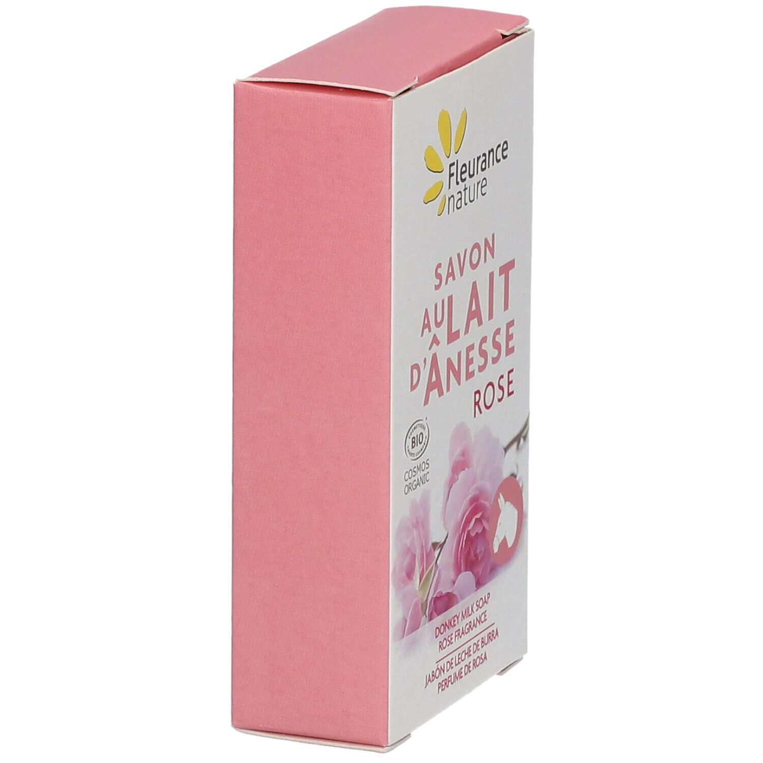Roze zeepverpakking, schuin. Opschrift: Savon au Lait d'Ânesse Rose, bio-certificering, rozenafbeelding.