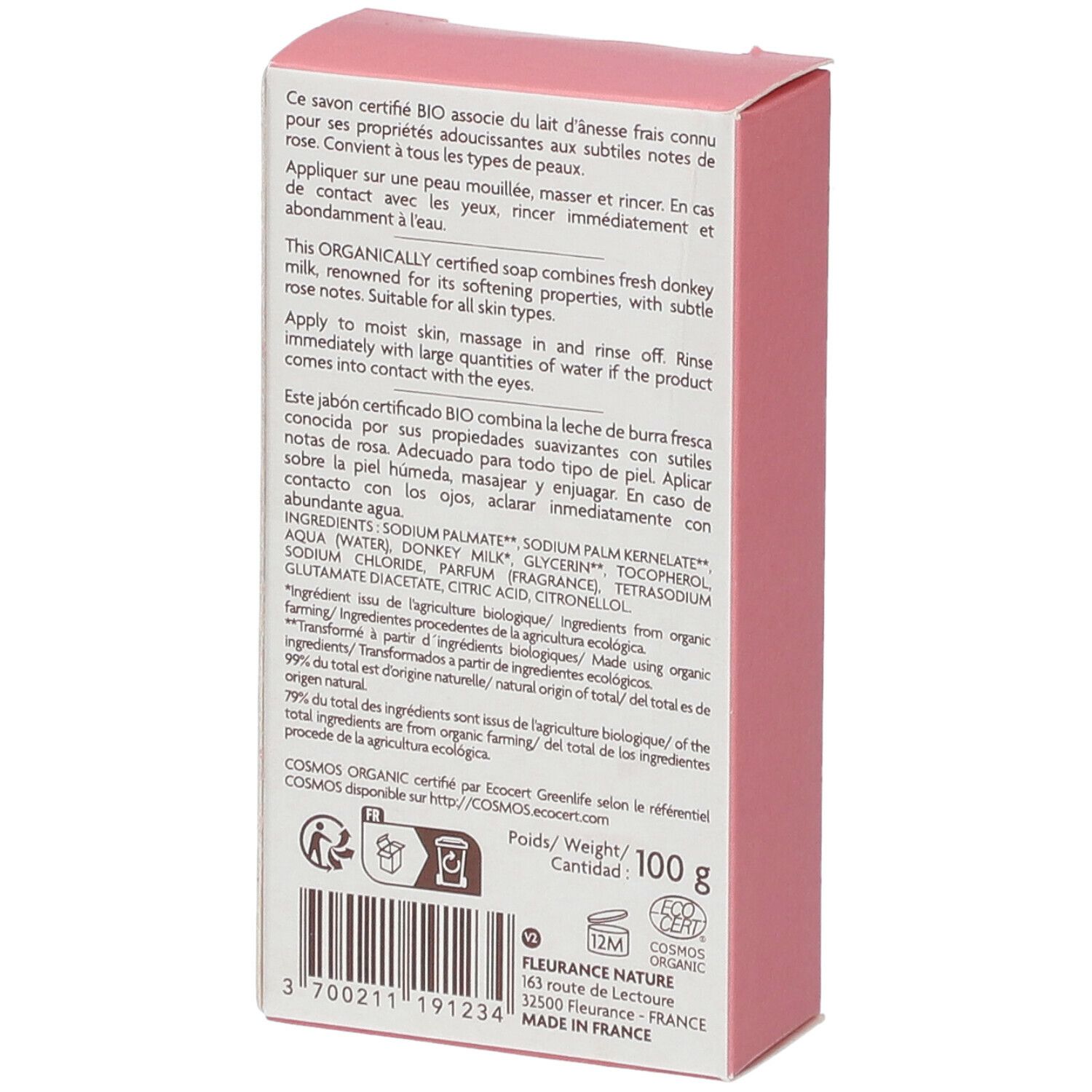 Achterkant van de zeepverpakking. Tekst: ingrediënten, bio-certificering, gewicht 100g, fabrikantenadres.