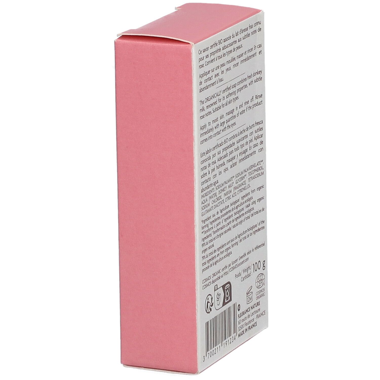 Schuine weergave van de zeepverpakking. Tekst: ingrediënten, bio-certificering, gewicht 100g, fabrikantenadres.