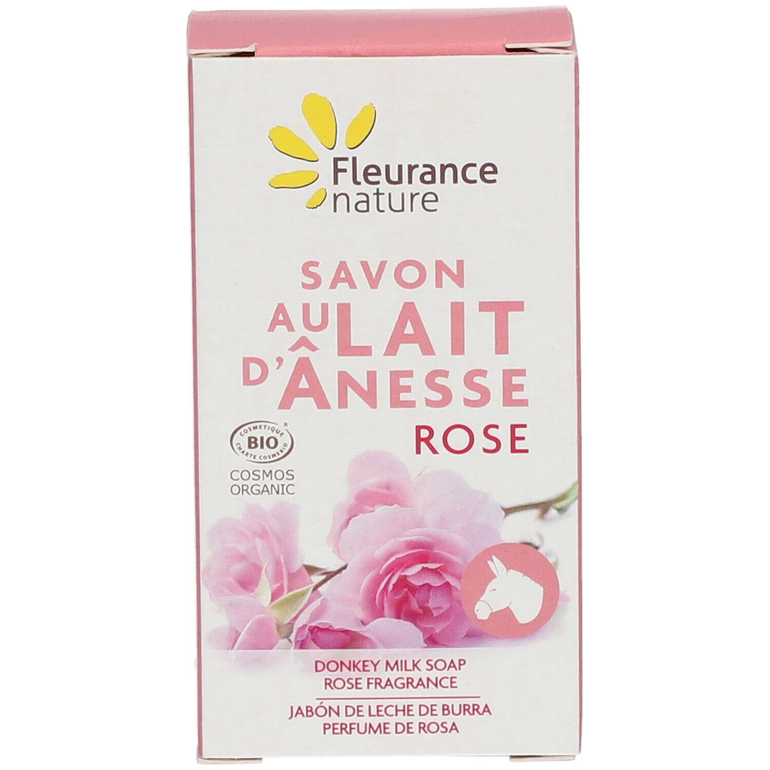 Roze zeep in kartonnen verpakking. Opschrift: Savon au Lait d'Ânesse Rose, bio-certificering, rozenafbeelding.