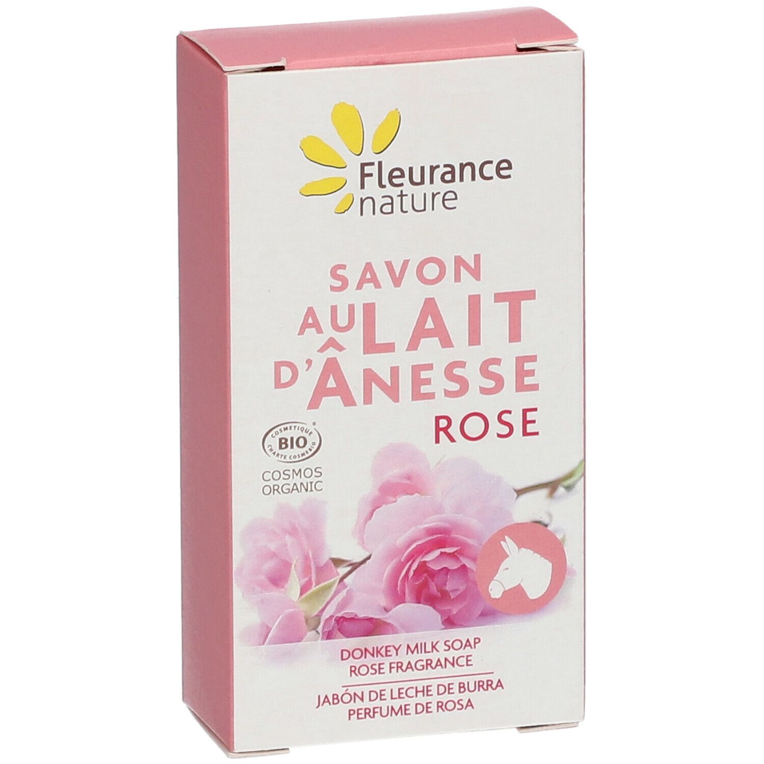 Roze zeep in kartonnen verpakking. Opschrift: Savon au Lait d'Ânesse Rose, bio-certificering, rozenafbeelding.