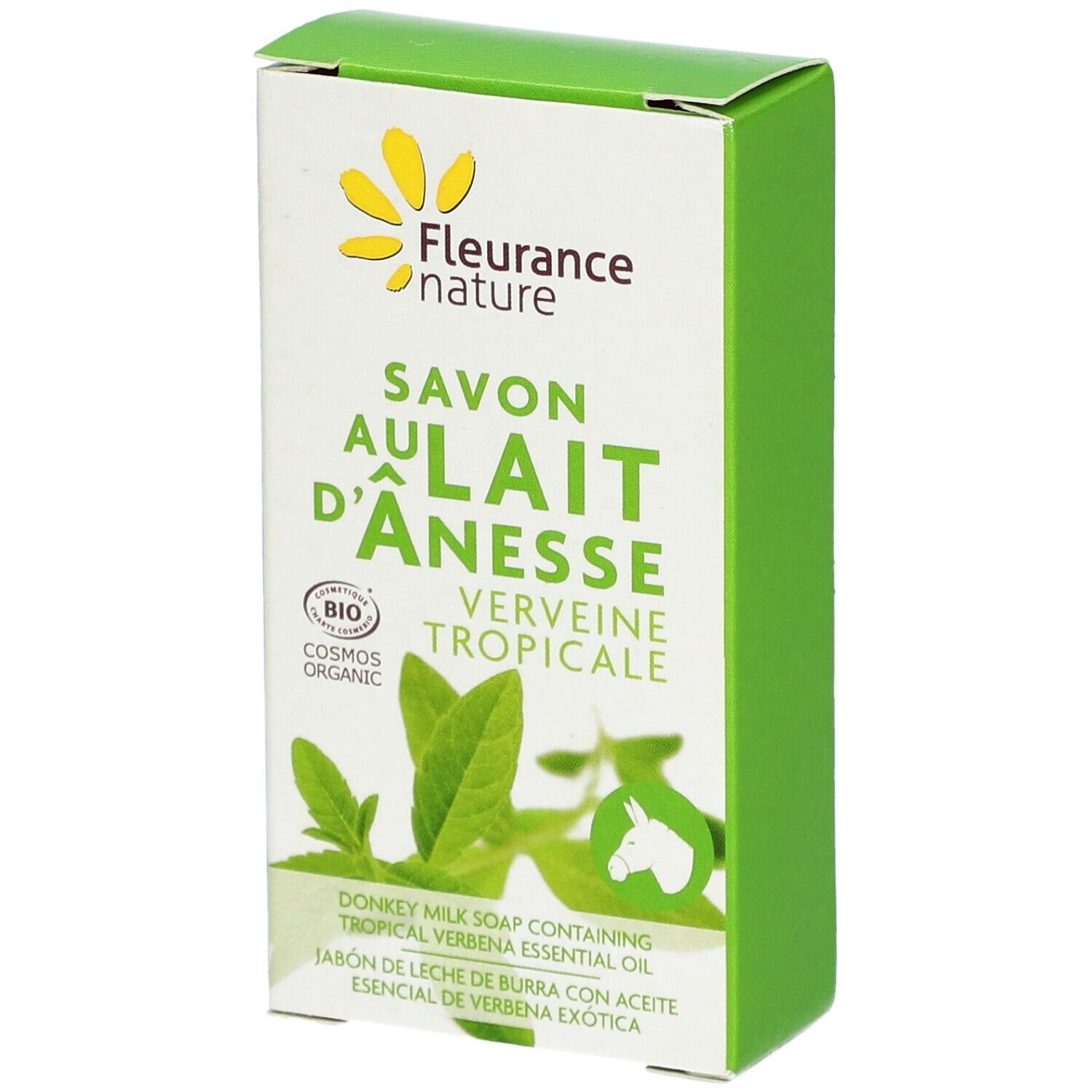 Groene doos met productinformatie. Opschrift: Savon au Lait d'Ânesse Verveine Tropicale Bio. Bio-certificering.