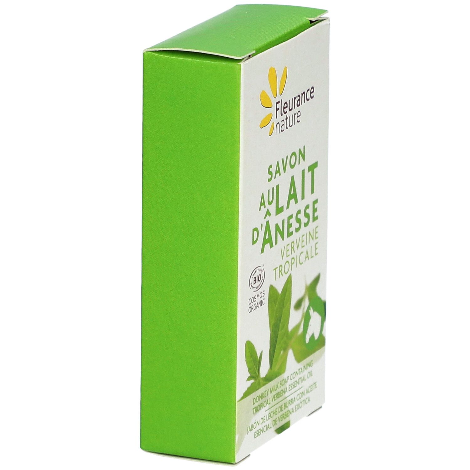 Groene doos, schuin van opzij gezien. Opschrift: Savon au Lait d'Ânesse Verveine Tropicale Bio. Bio-certificering.