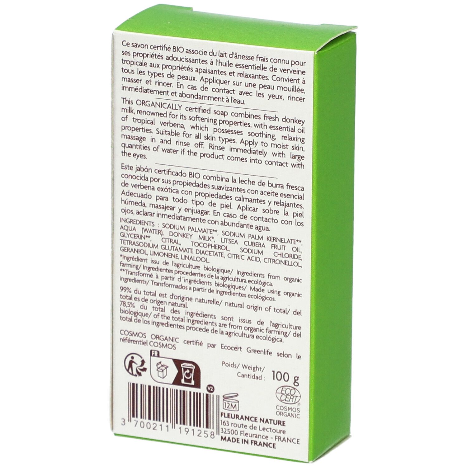 Achterkant van de groene doos. Meertalige tekst. Bio-certificering. Ingrediënten. Gewicht: 100 g.