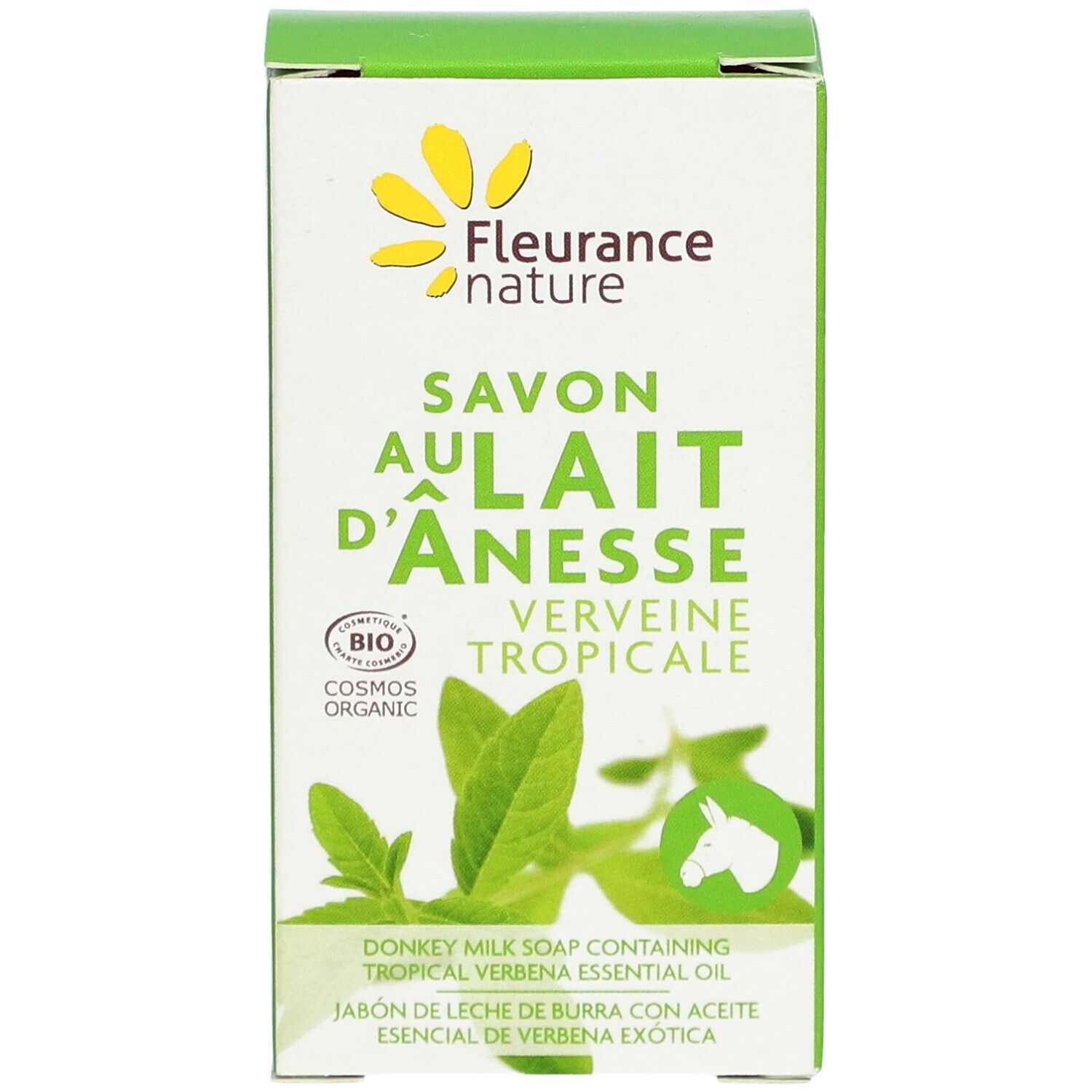 Groene doos met productinformatie. Opschrift: Savon au Lait d'Ânesse Verveine Tropicale Bio. Bio-certificering.