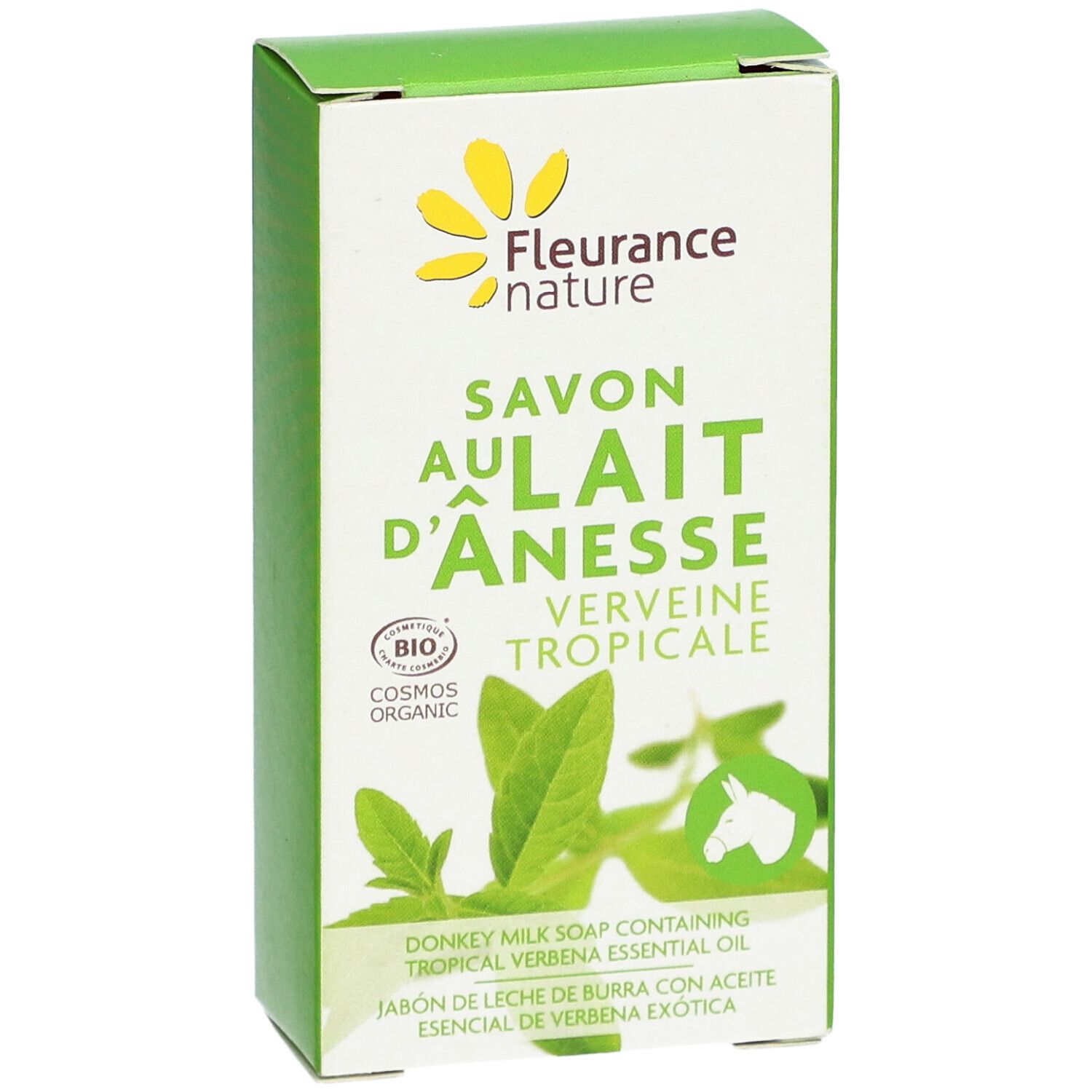 Groene doos met productinformatie. Opschrift: Savon au Lait d'Ânesse Verveine Tropicale Bio. Bio-certificering.