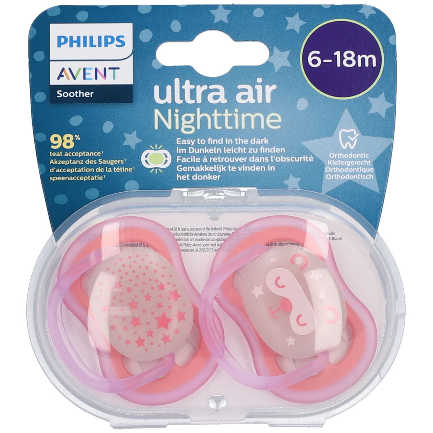 Avent Fopspeen Ultra Air Night Girl 6-18 Maanden Scf376/22 2 St Schnuller