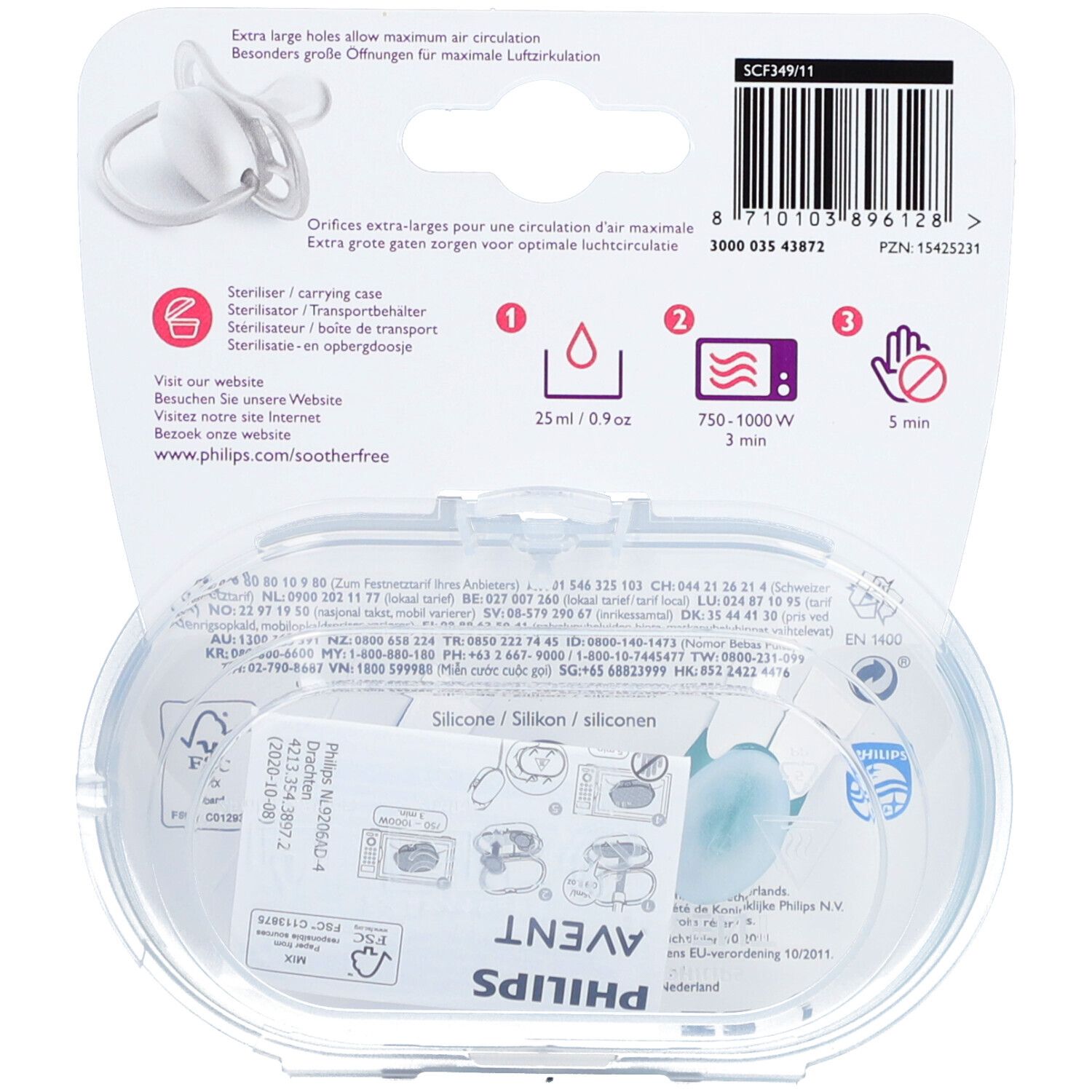 Rückseite der Verpackung mit zwei Schnullern. Marke Avent. Text: Ultra Air. Sterilisier- und Transportbehälter. Anweisungen.