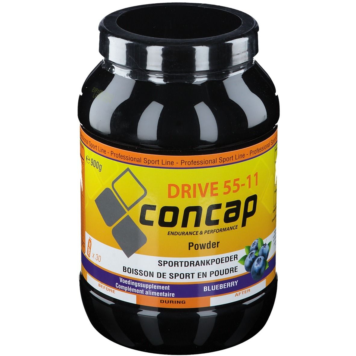 Pot noir avec Concap Drive 55-11. Inscription: Powder, Sportdrankpoeder, Boisson de sport en poudre, Blueberry. Illustration de myrtilles.
