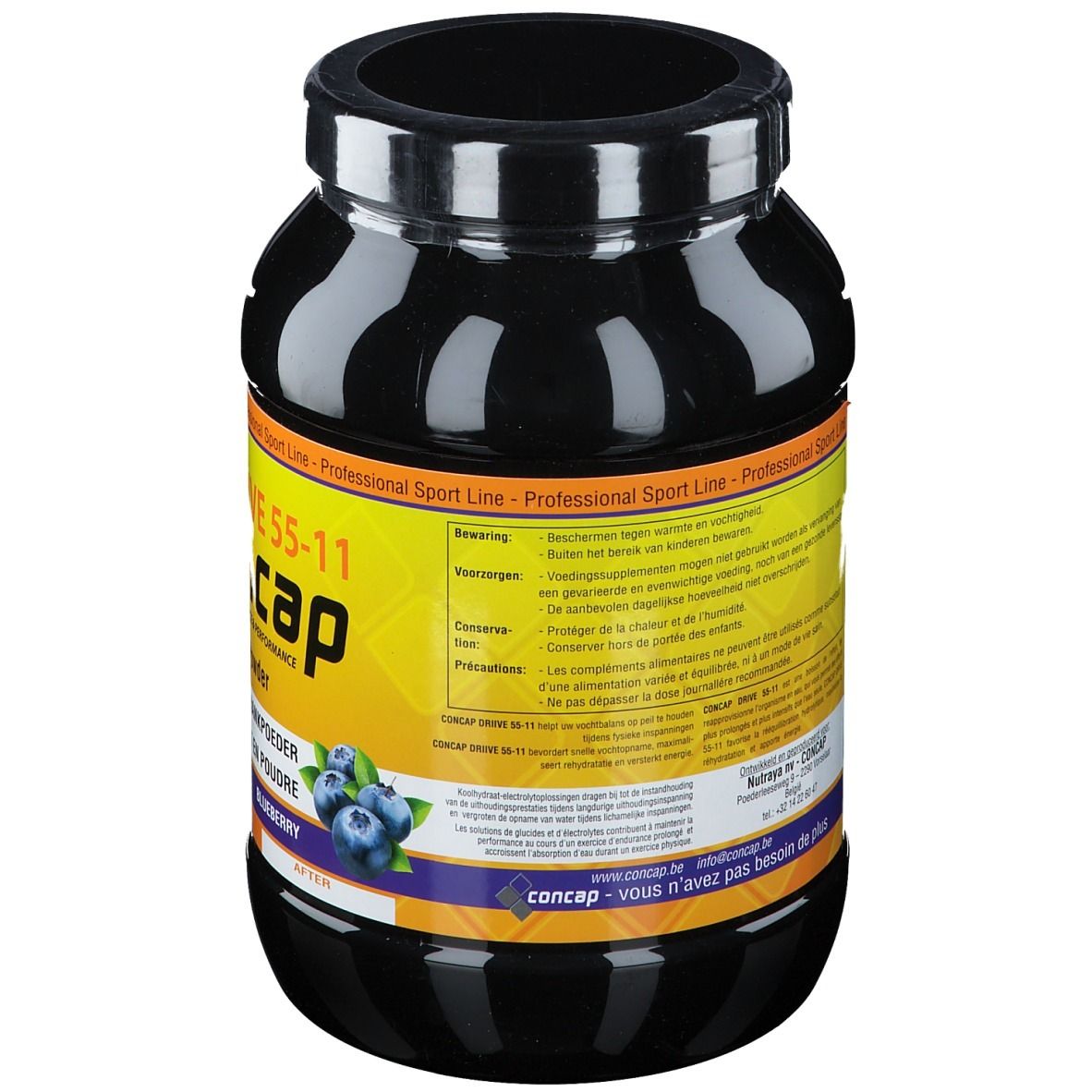 Pot noir avec Concap Drive 55-11. Dos avec texte multilingue. Autocollant jaune avec informations.