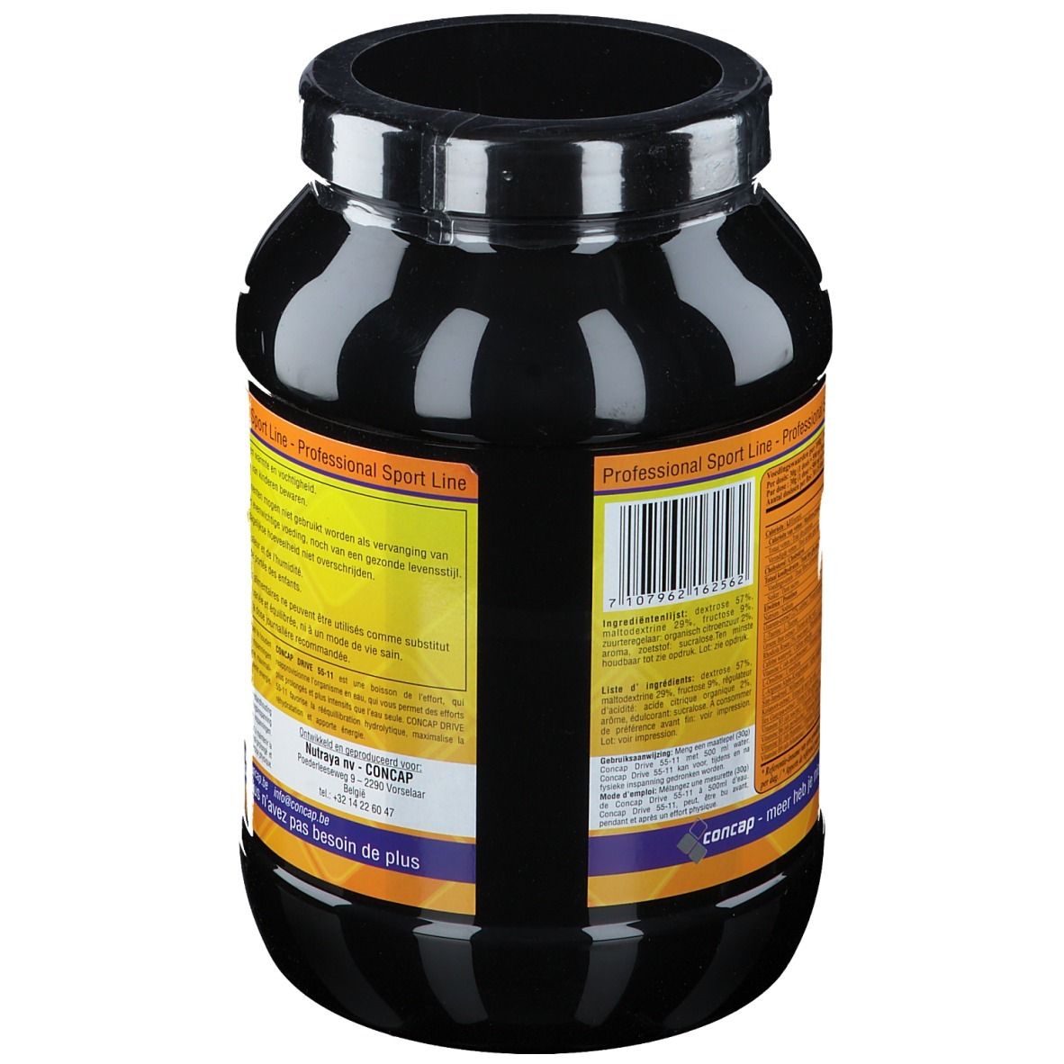 Dos d'un pot noir avec Concap Drive 55-11. Autocollant jaune avec texte et code-barres. Informations multilingues.