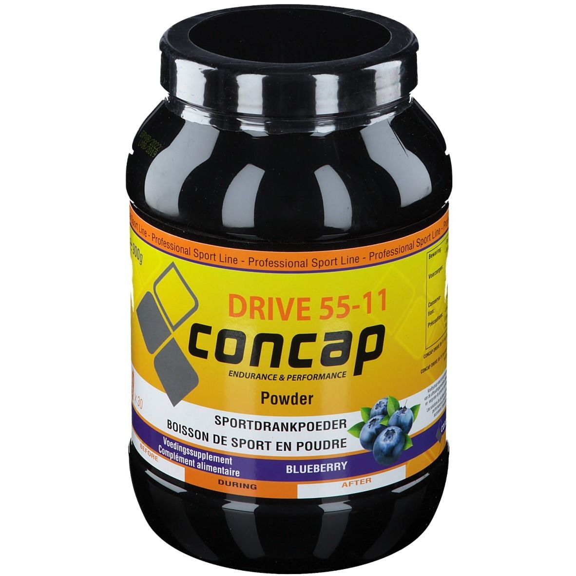 Pot noir avec Concap Drive 55-11. Inscription: Powder, Sportdrankpoeder, Boisson de sport en poudre, Blueberry. Illustration de myrtilles.
