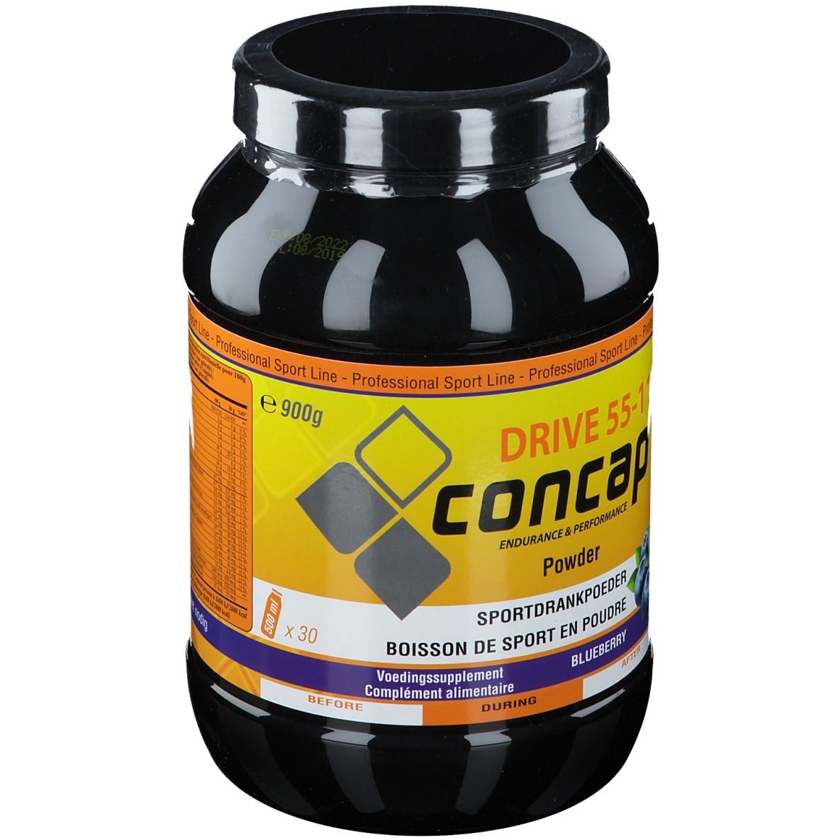 Pot noir avec Concap Drive 55-11. Inscription: Powder, Sportdrankpoeder, Boisson de sport en poudre, Blueberry. 900g, 30 portions.