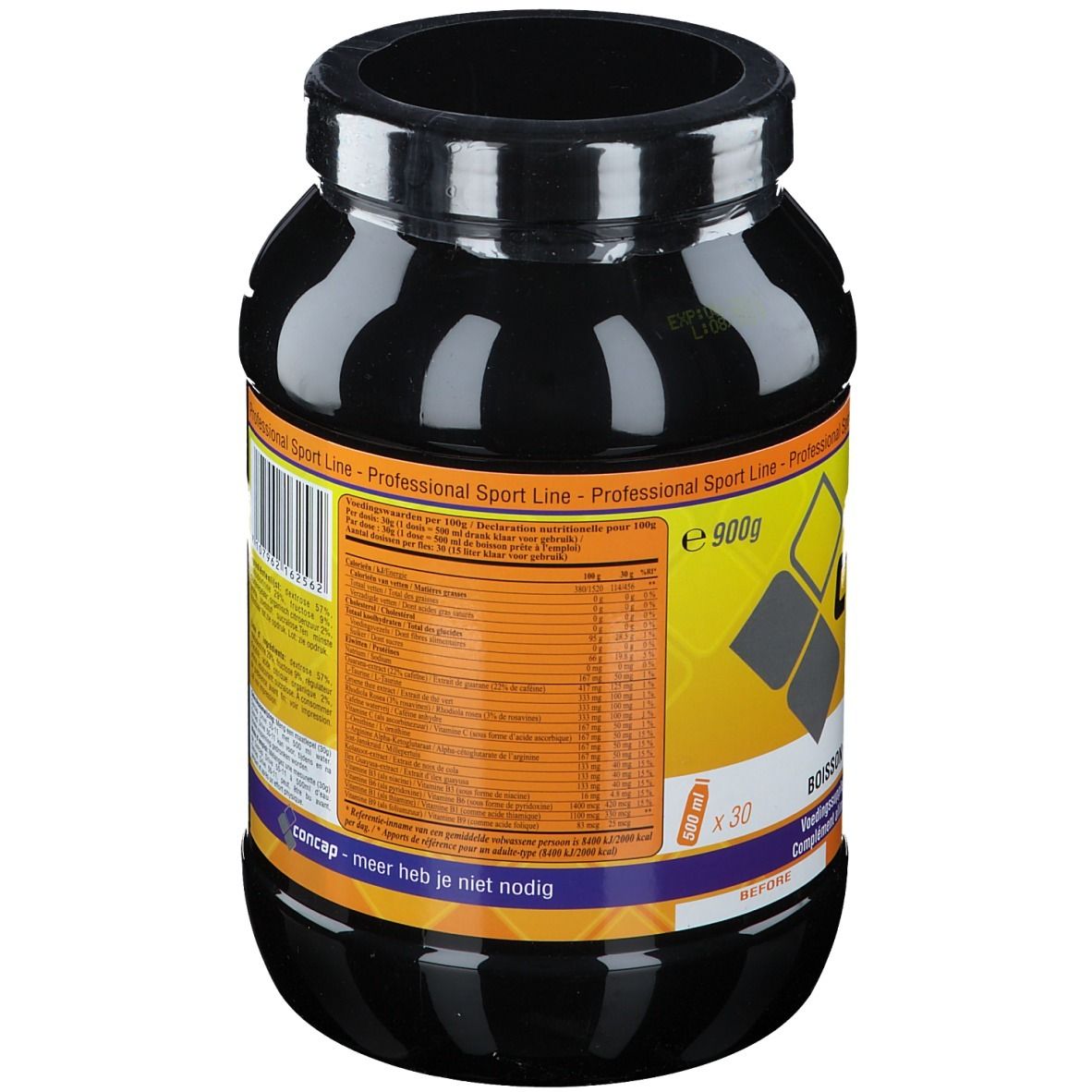 Dos d'un pot noir avec Concap Drive 55-11. Informations nutritionnelles et ingrédients. 900g, 30 portions.