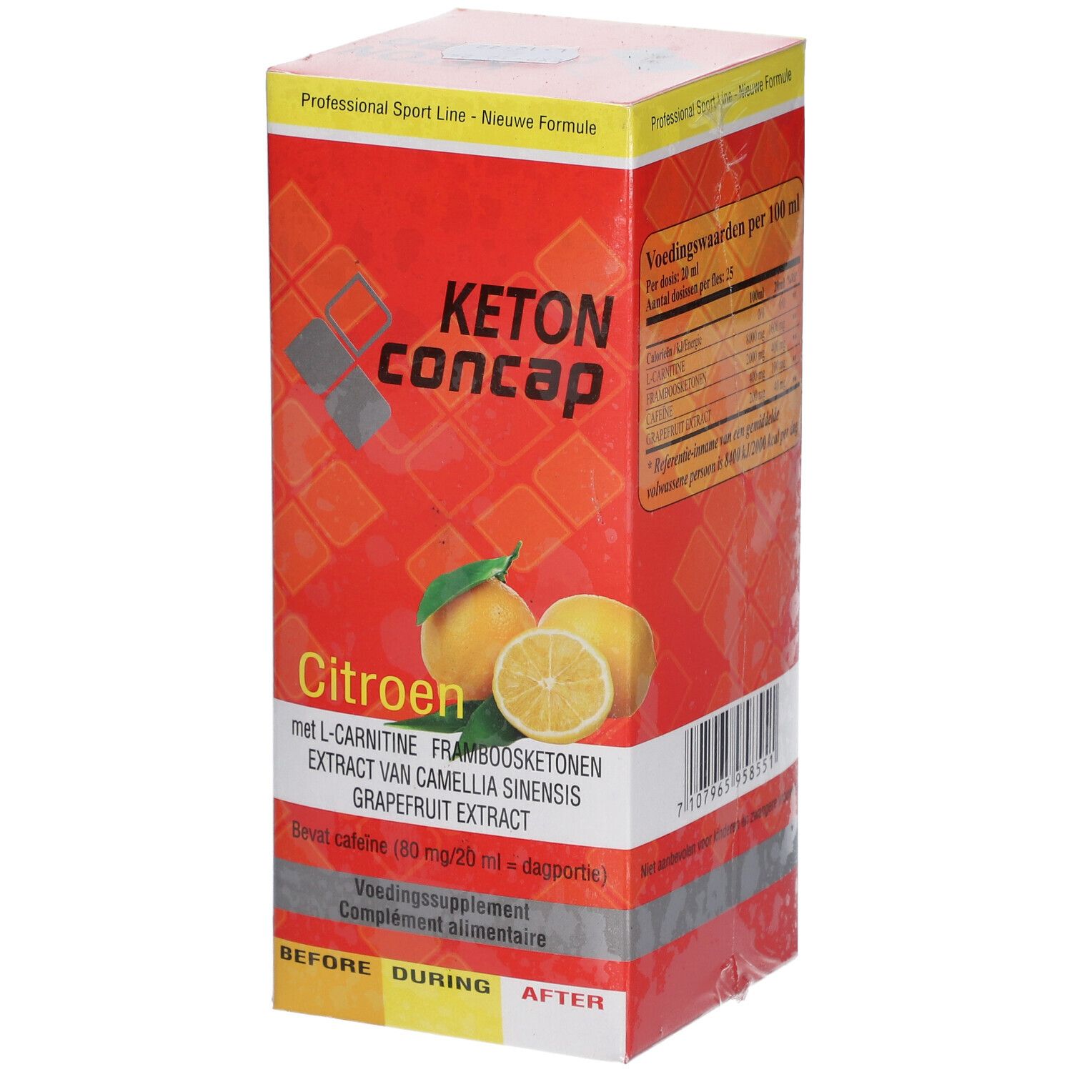 Kartonverpackung von Concap Keton Drink Zitrone. Rote Verpackung mit Produktnamen, Zitronen-Illustration und Inhaltsangaben.