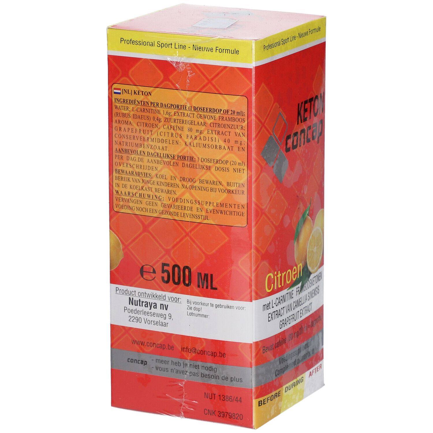 Kartonverpackung von Concap Keton Drink Zitrone. Rückseite mit Inhaltsangaben, 500 ml, und Herstellerinformationen.