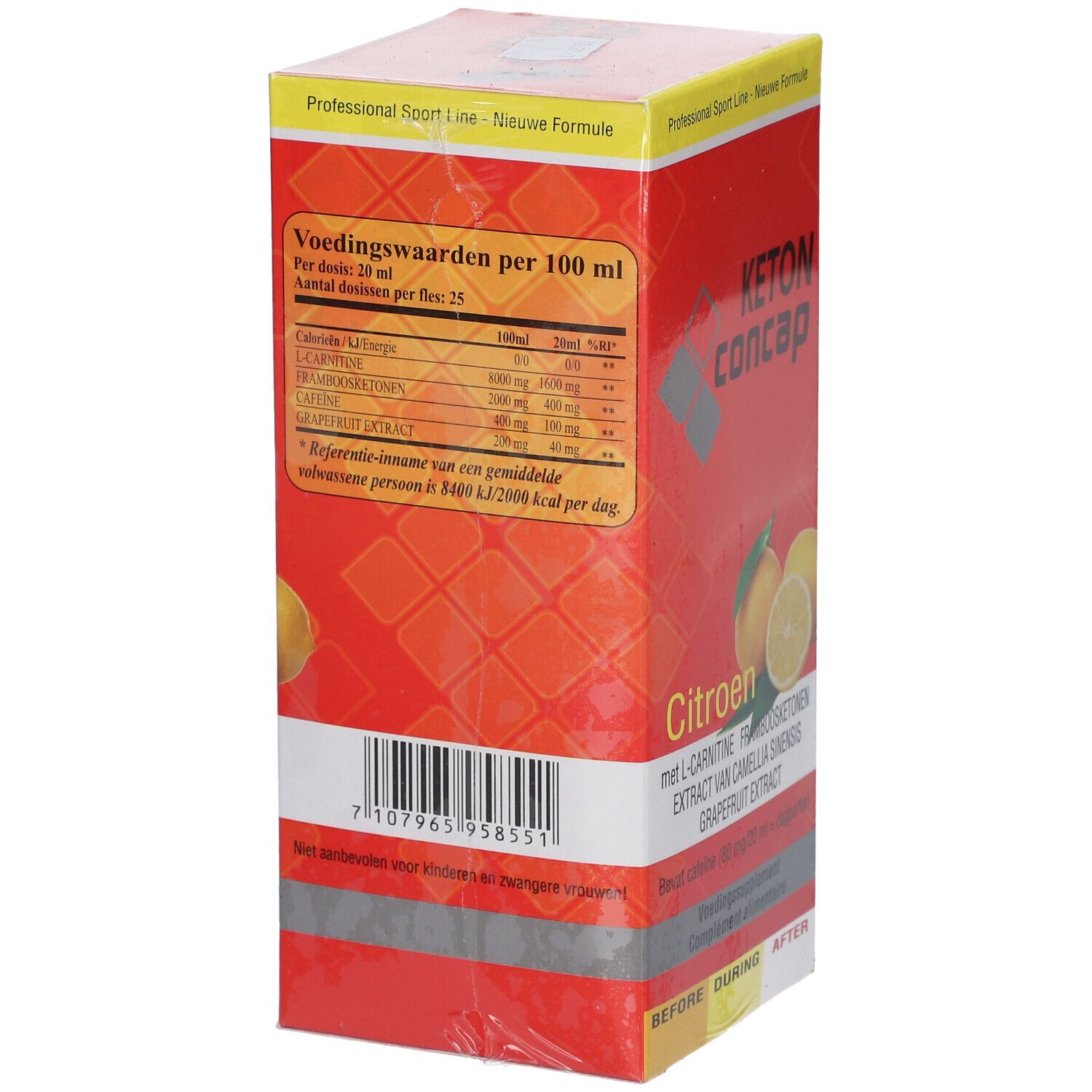 Kartonverpackung von Concap Keton Drink Zitrone. Detailansicht der Nährwerttabelle und Inhaltsangaben.