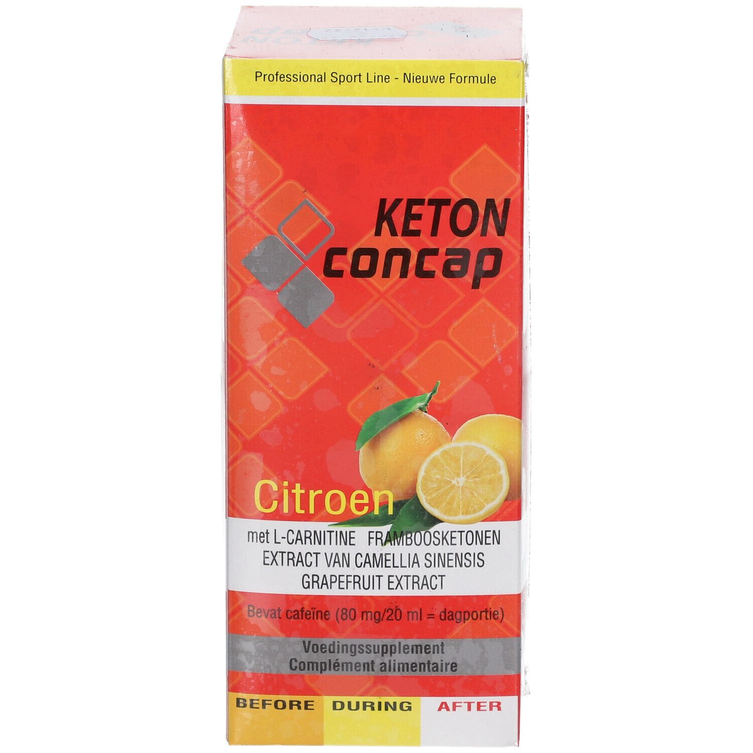 Kartonverpackung von Concap Keton Drink Zitrone. Rote Verpackung mit Produktnamen, Zitronen-Illustration und Inhaltsangaben.