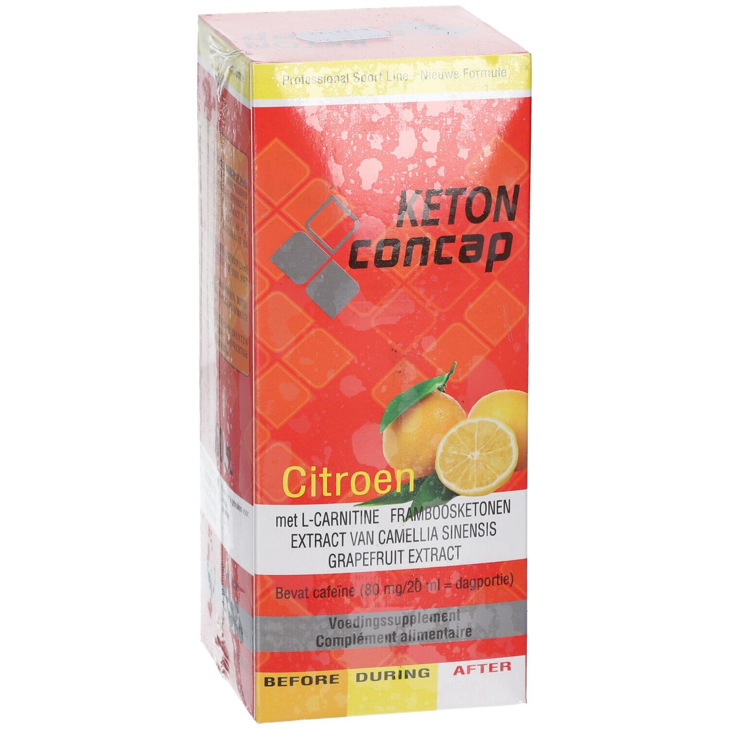 Kartonverpackung von Concap Keton Drink Zitrone. Rote Verpackung mit Produktnamen, Zitronen-Illustration und Inhaltsangaben.