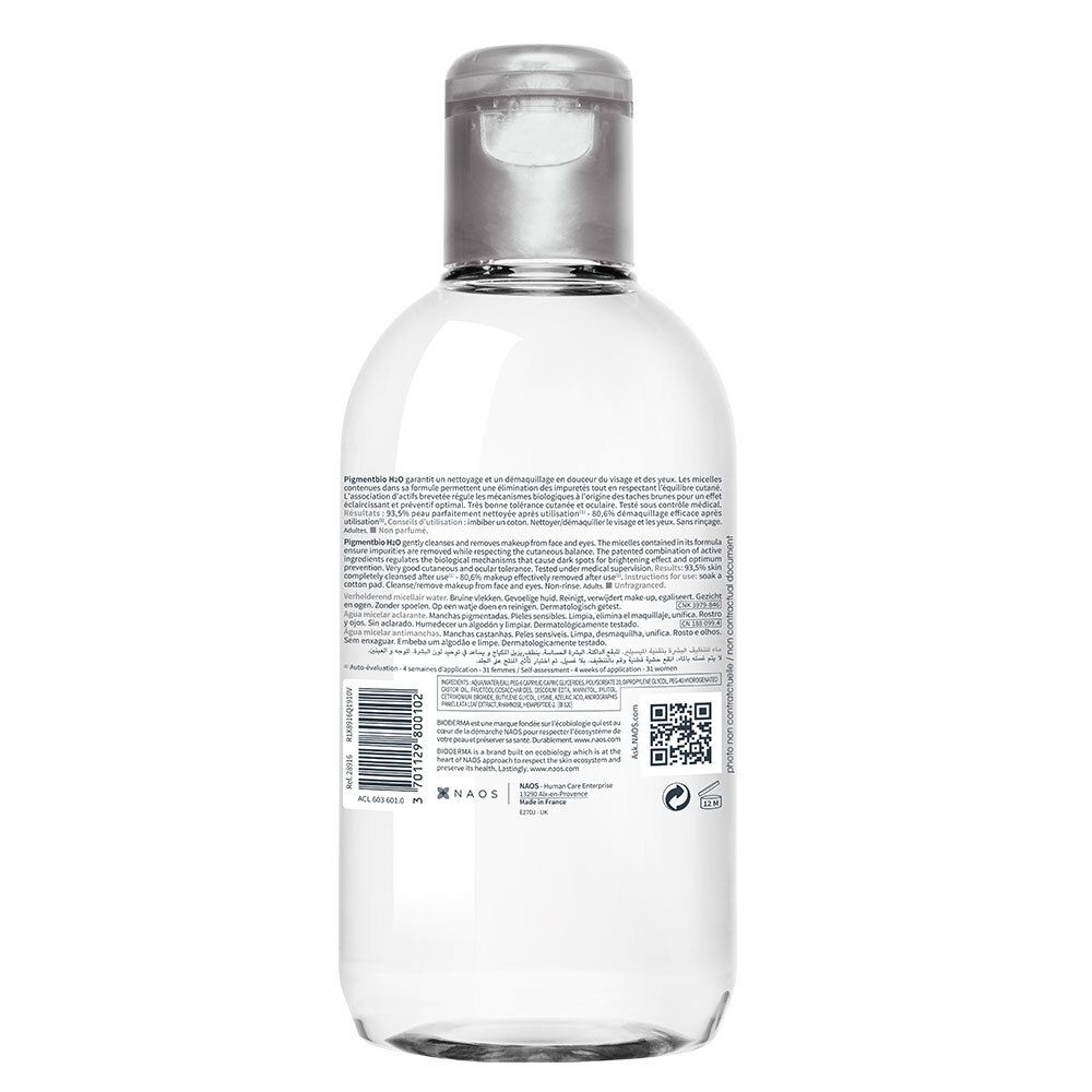 Dos du flacon BIODERMA Pigmentbio H2O. Texte et code-barres sur l'étiquette.