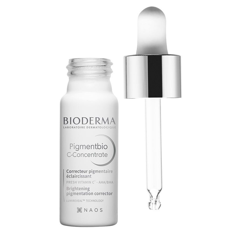 Flacon blanc avec pipette. Inscription: BIODERMA, Pigmentbio C-Concentrate. Pipette à côté.
