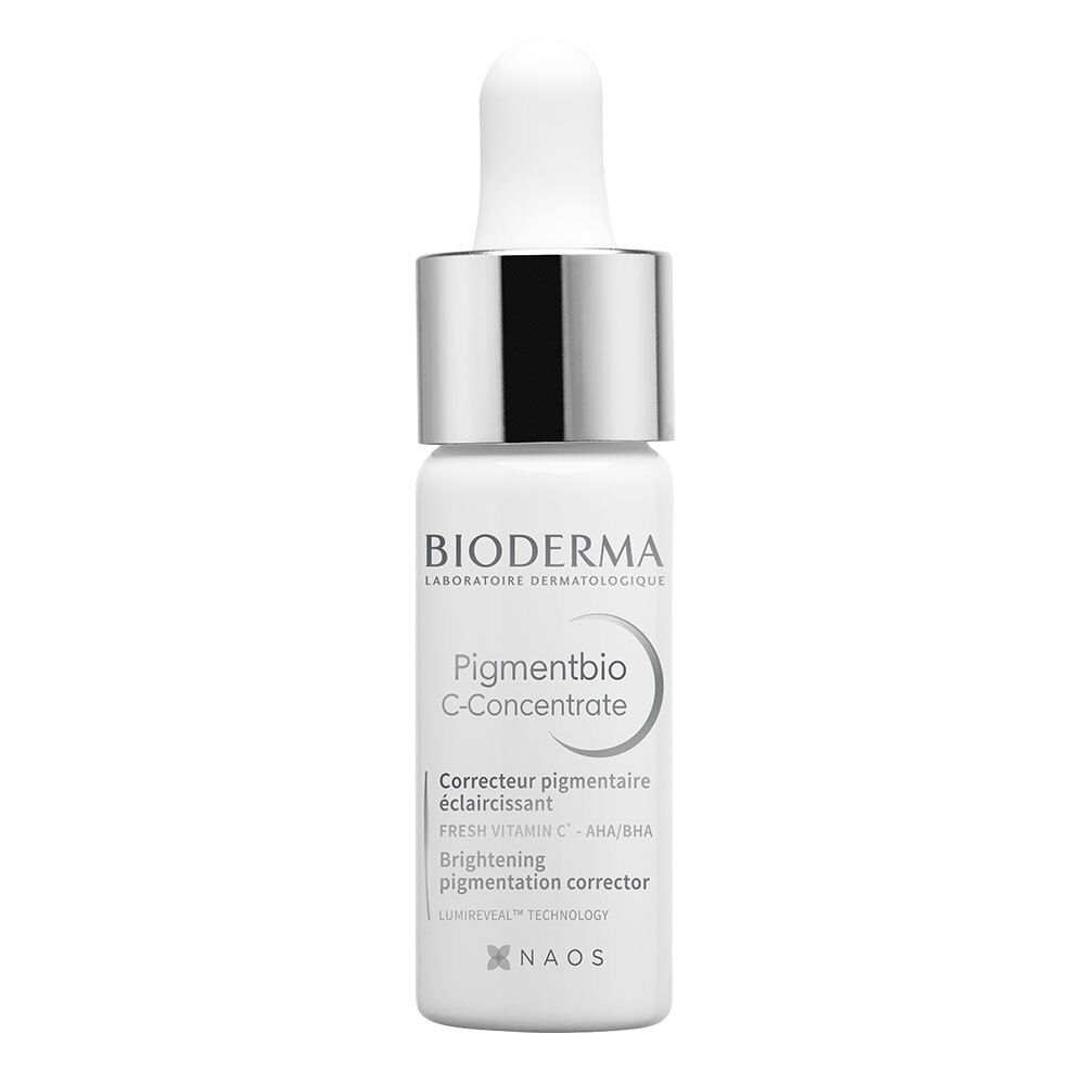 Flacon blanc avec bouchon doseur. Inscription: BIODERMA, Pigmentbio C-Concentrate.