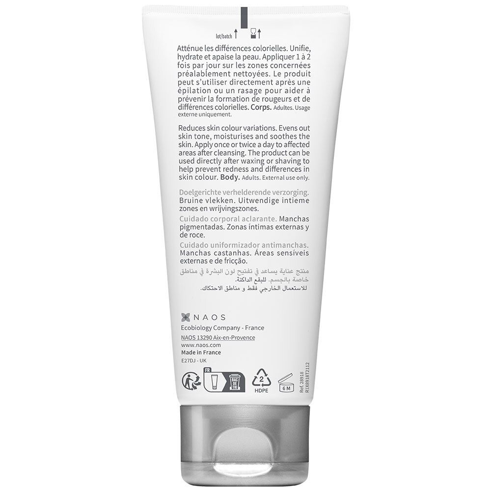 Rückseite der Creme-Tube. Text in mehreren Sprachen. Herstellerinformationen und Symbole.