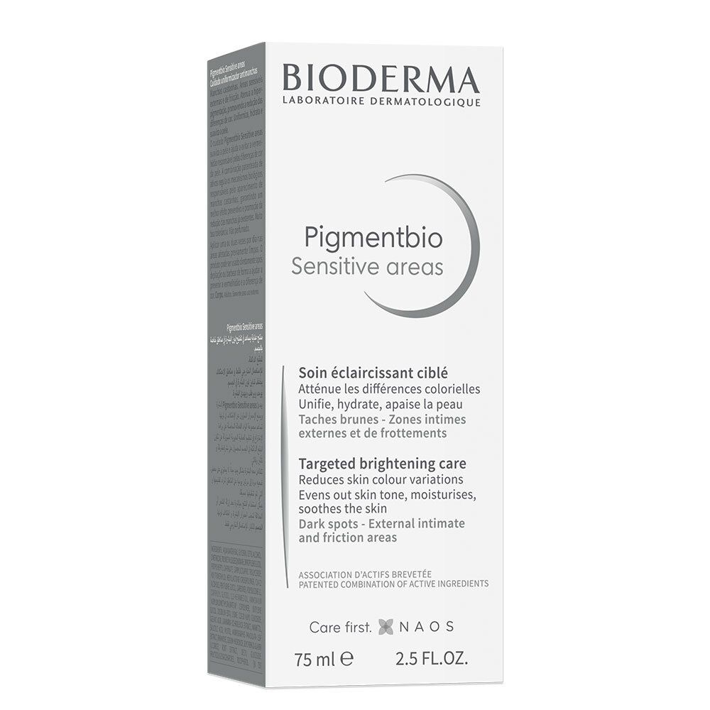 Weiße Produktverpackung. Aufschrift: BIODERMA Pigmentbio Sensitive areas. 75 ml, 2.5 FL.OZ.