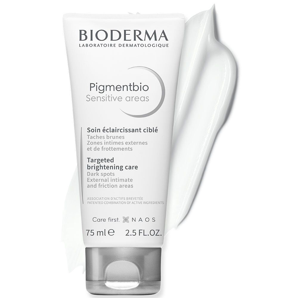 Creme-Tube mit Creme-Ausfluss. Aufschrift: BIODERMA Pigmentbio Sensitive areas. 75 ml, 2.5 FL.OZ.