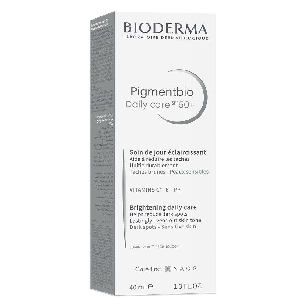 BIODERMA Pigmentbio Daily care SPF 50+ verpakking. Wit, met tekst. 40 ml.