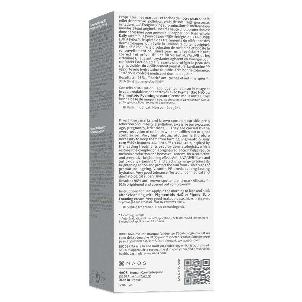 Achterkant verpakking BIODERMA Pigmentbio Daily care SPF 50+. Meertalige tekst.