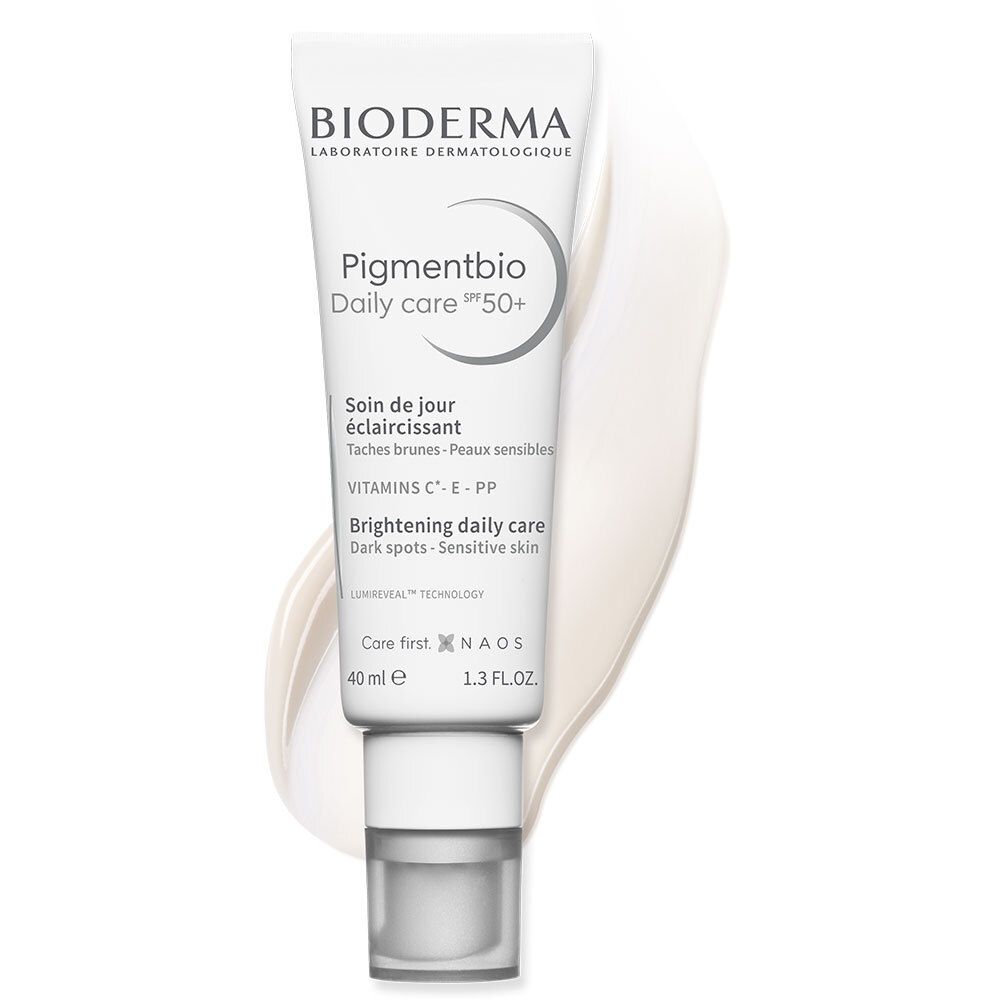 BIODERMA Pigmentbio Daily care SPF 50+ tube. Wit, met tekst en crème-effect.