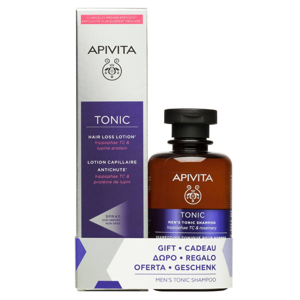 Tonic Hair Loss Lotion en shampoo. Flessen met zwarte dop en etiket. Cadeauverpakking met paarse accenten. Merk: Apivita.